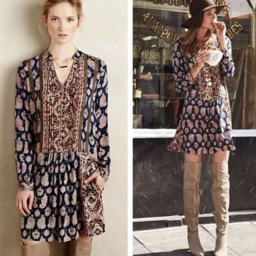 Anthropologie Tiny Paquerette Shirt Dress Pintucked Pleats Button Front Size S